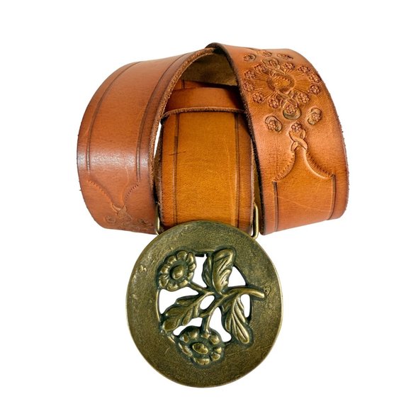 Old Navy Leather Belt Size S Floral Brass Buckle Cognac Brown Embossed VTG Y2K main image 7